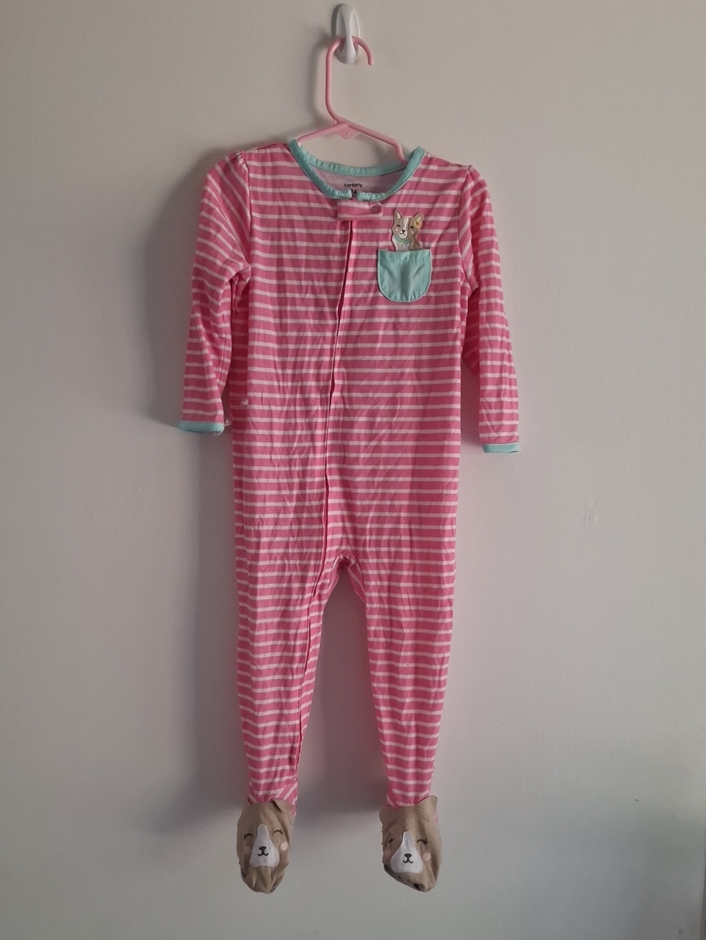 Carter's Pink & White Striped Footed One-Piece with Mint Pocket